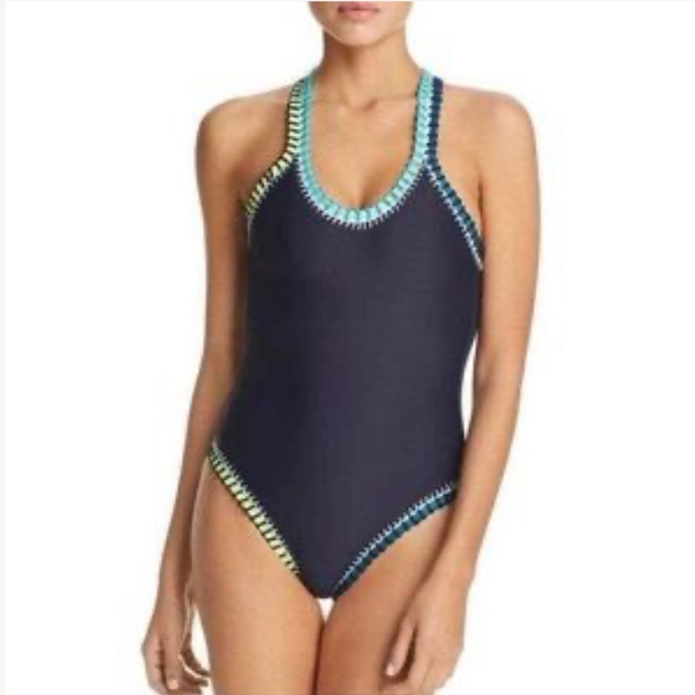 Platinum Inspired by Solange Ferrarini Women Crochet Trim OnePiece Navy Swimsuit